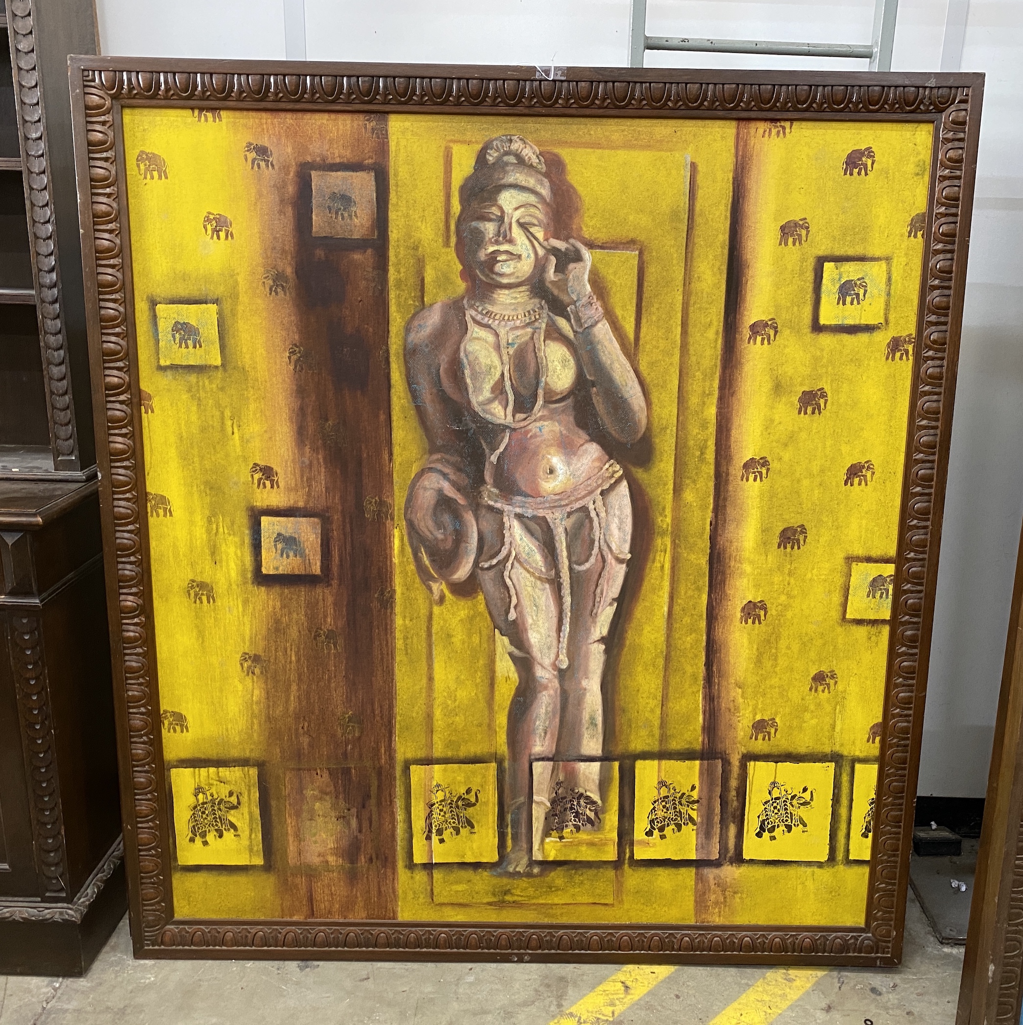 20th century Indian School, pair of oils on canvas, Classical figures, 150 x 135cm